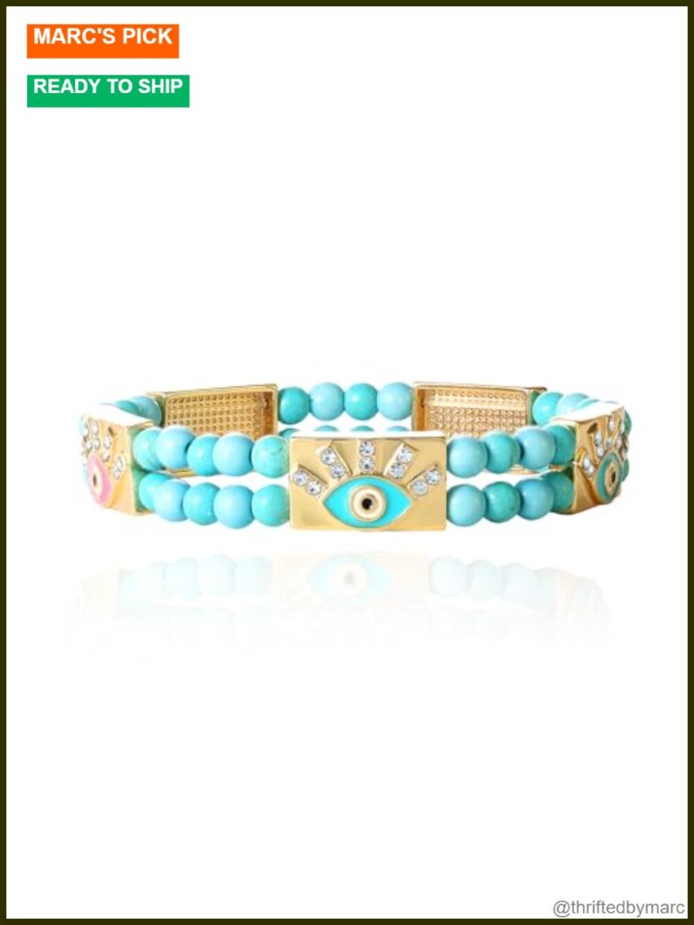 Evil Eye Turquoise Beaded Stretch Bracelet Gold Tone Charm